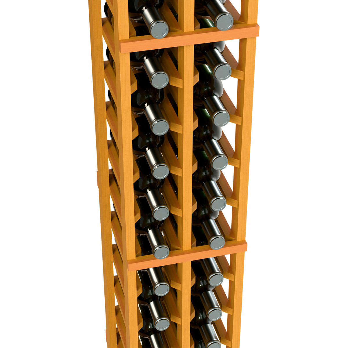Close-up: two-column wooden wine rack with upright bottles in individual slots