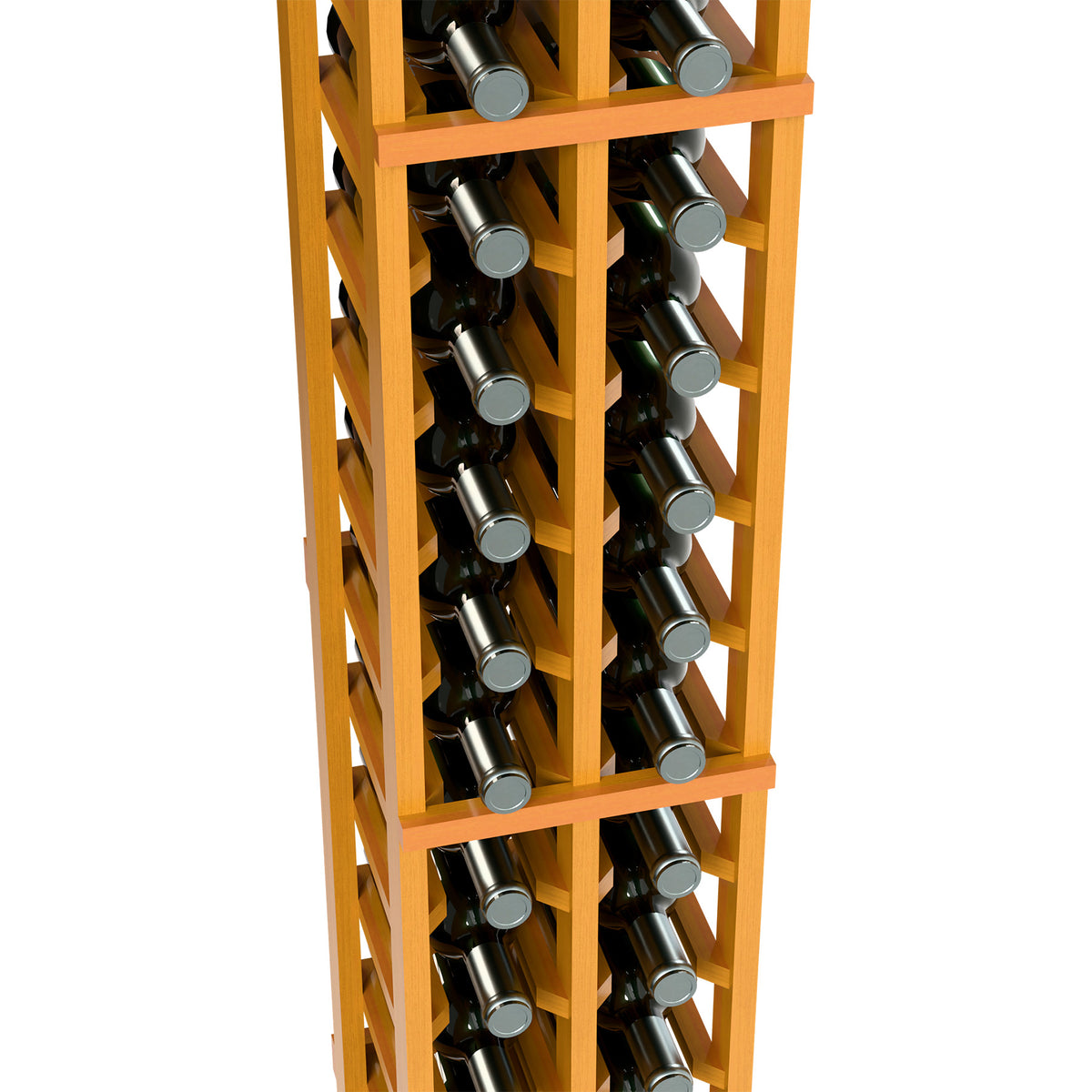 Close-up: light stained 2-column wooden wine rack holding bottles upright