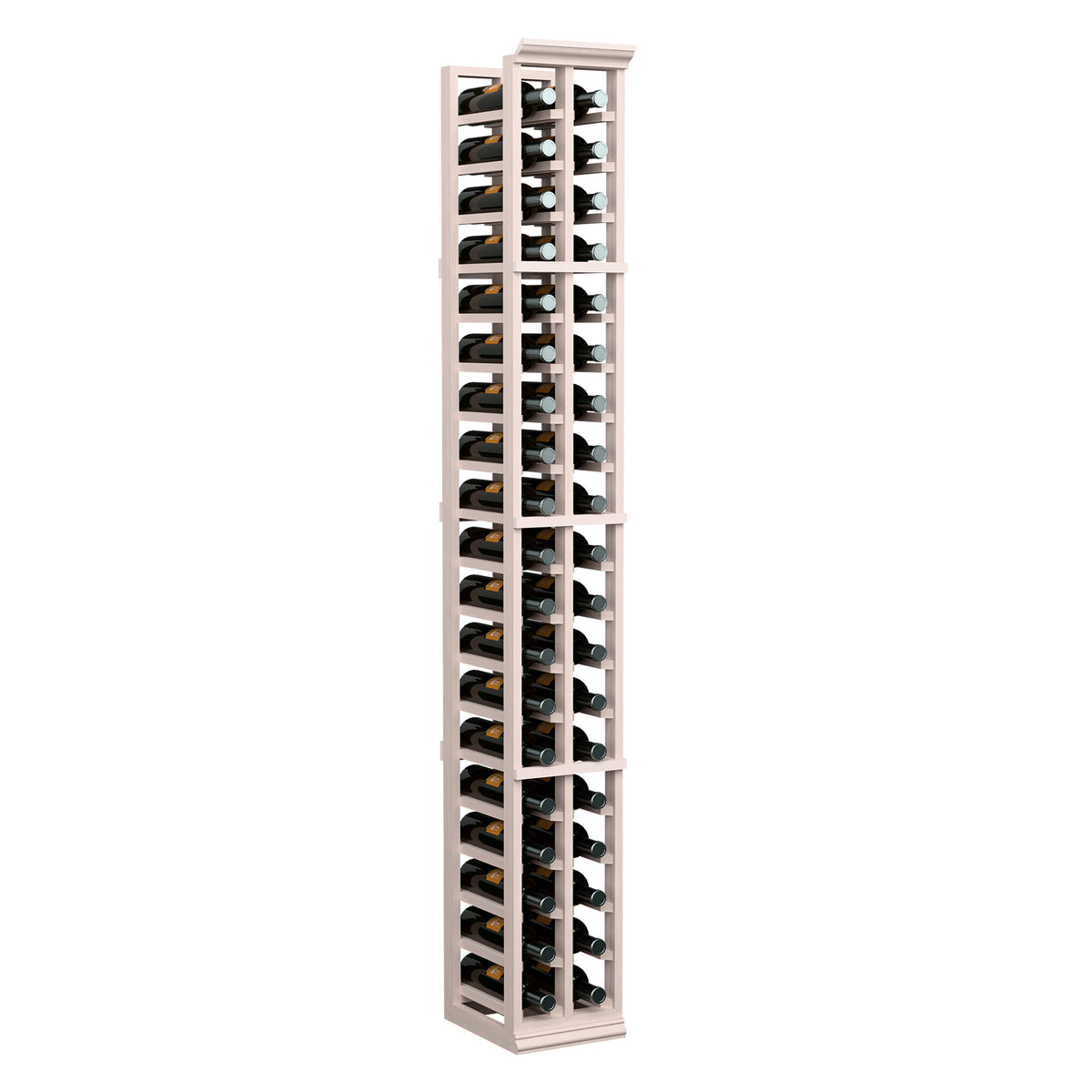 6ft 2-column wooden wine bottle rack, white-washed finish, bottles stored upright