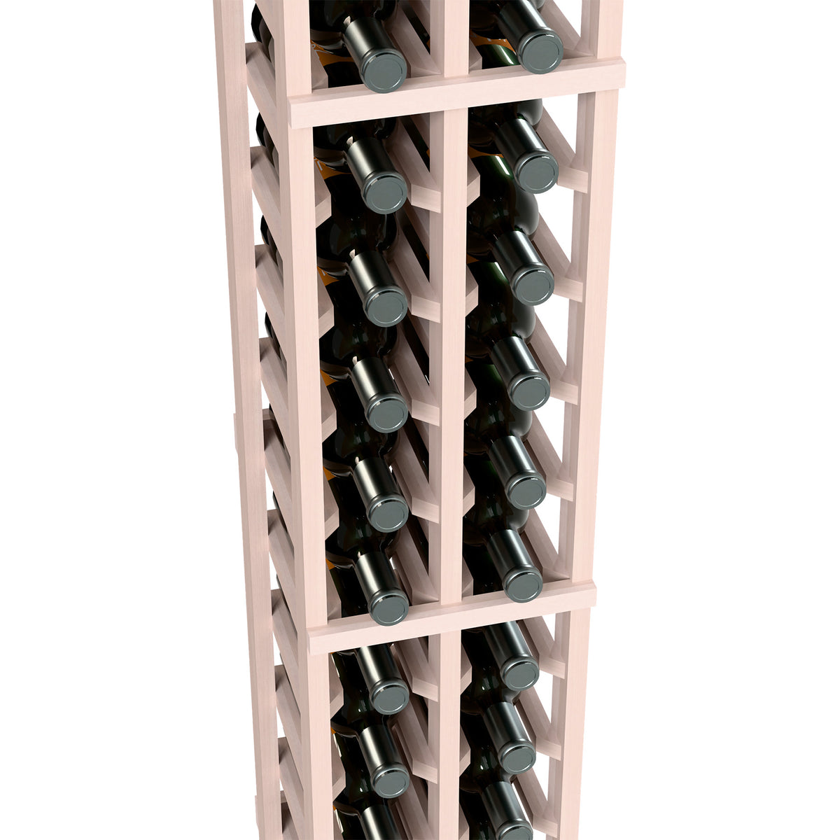 Close-up: white-washed 2-column wooden wine rack holding bottles upright