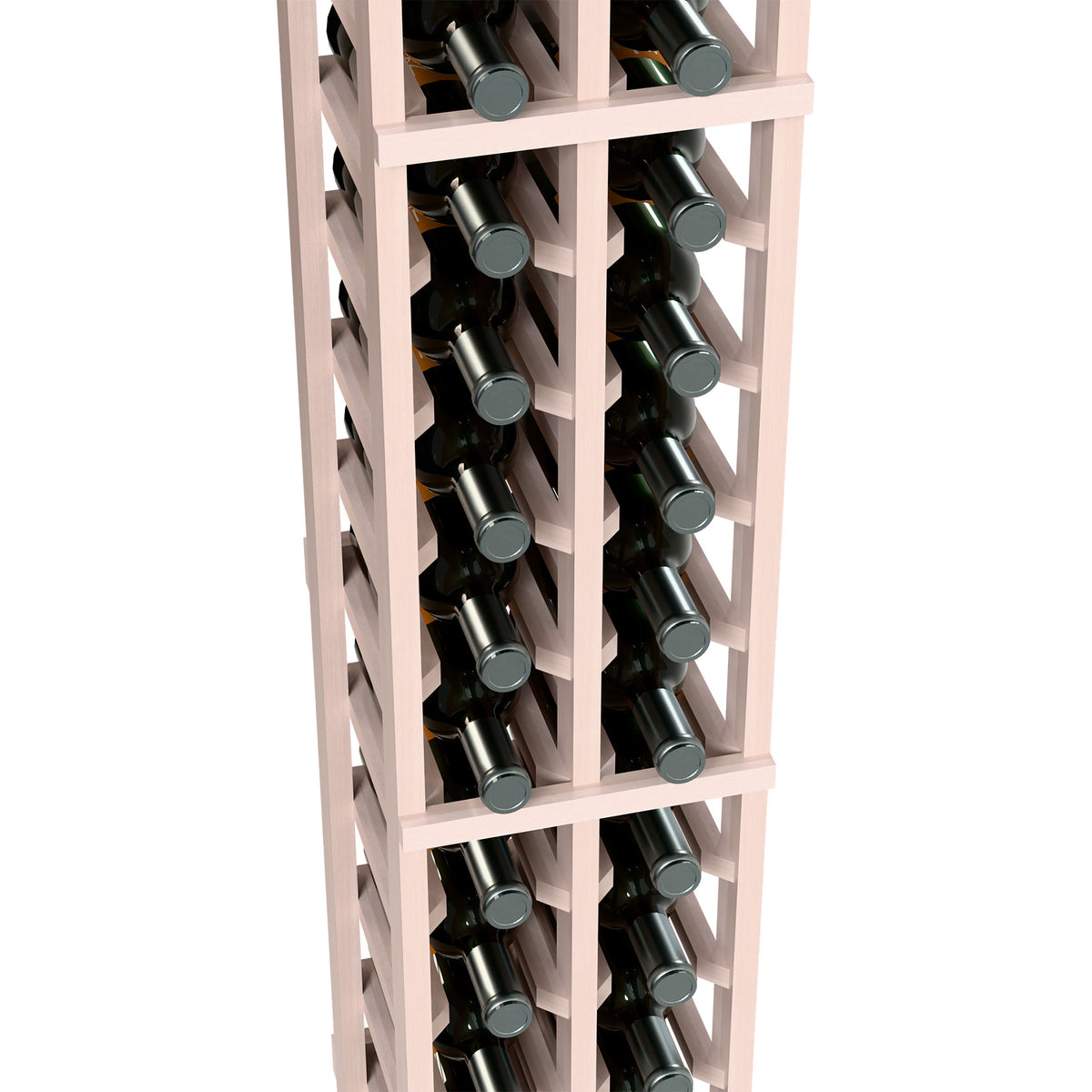 Close-up: white-washed wooden wine rack with two bottle columns, bottles upright