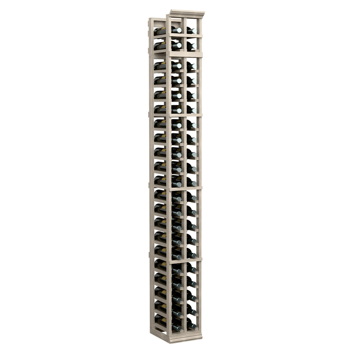 7-ft two-column wine rack, pale wood frame with black grid shelves and round bottle openings