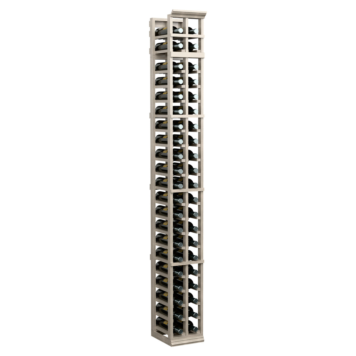 7-ft two-column wine rack, pale wood frame with black grid shelves and round bottle openings