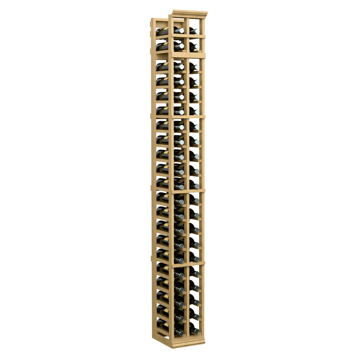 7-ft two-column wine rack, light wood frame with black grid shelves and round bottle openings