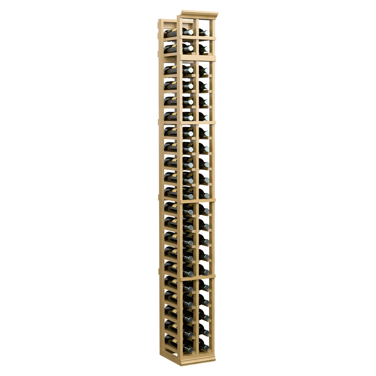 7-ft two-column wine rack, light wood frame with black grid shelves and round bottle openings