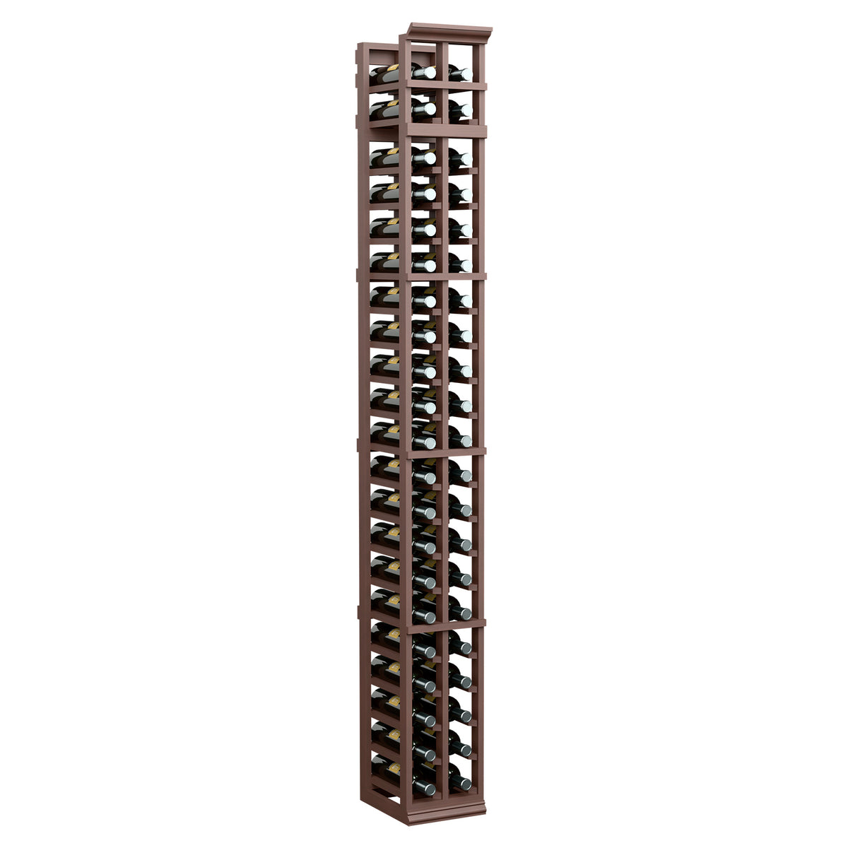 7-ft two-column wine rack, dark wood frame with black grid shelves and round bottle openings