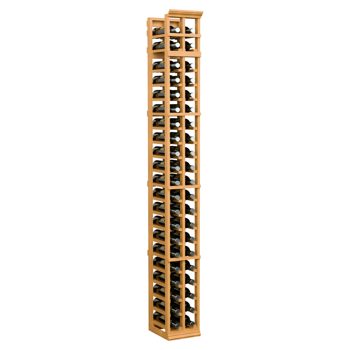 7-ft two-column wine rack, honey wood frame with black grid shelves and round bottle openings