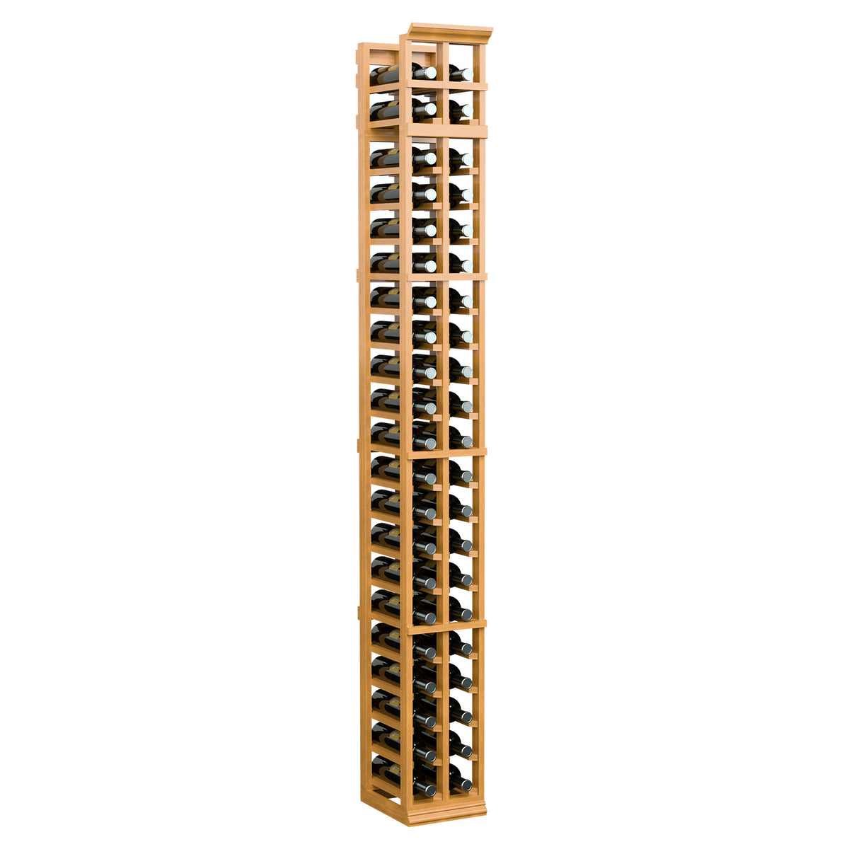 7-ft two-column wine rack, honey wood frame with black grid shelves and round bottle openings