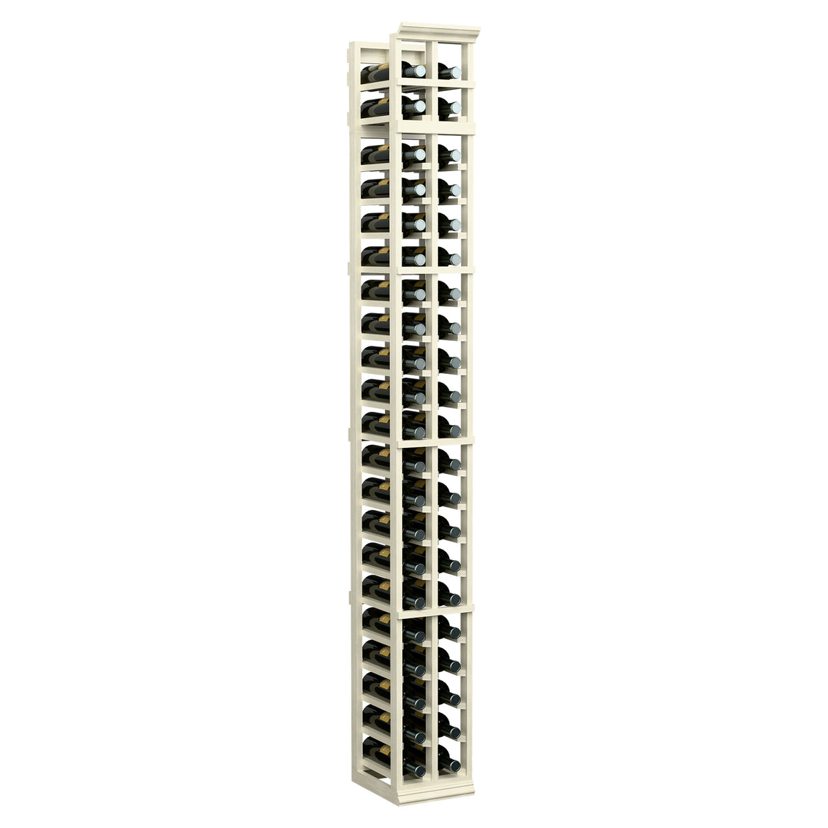 7-ft two-column wine rack, pale wood frame with black grid shelves and round bottle openings