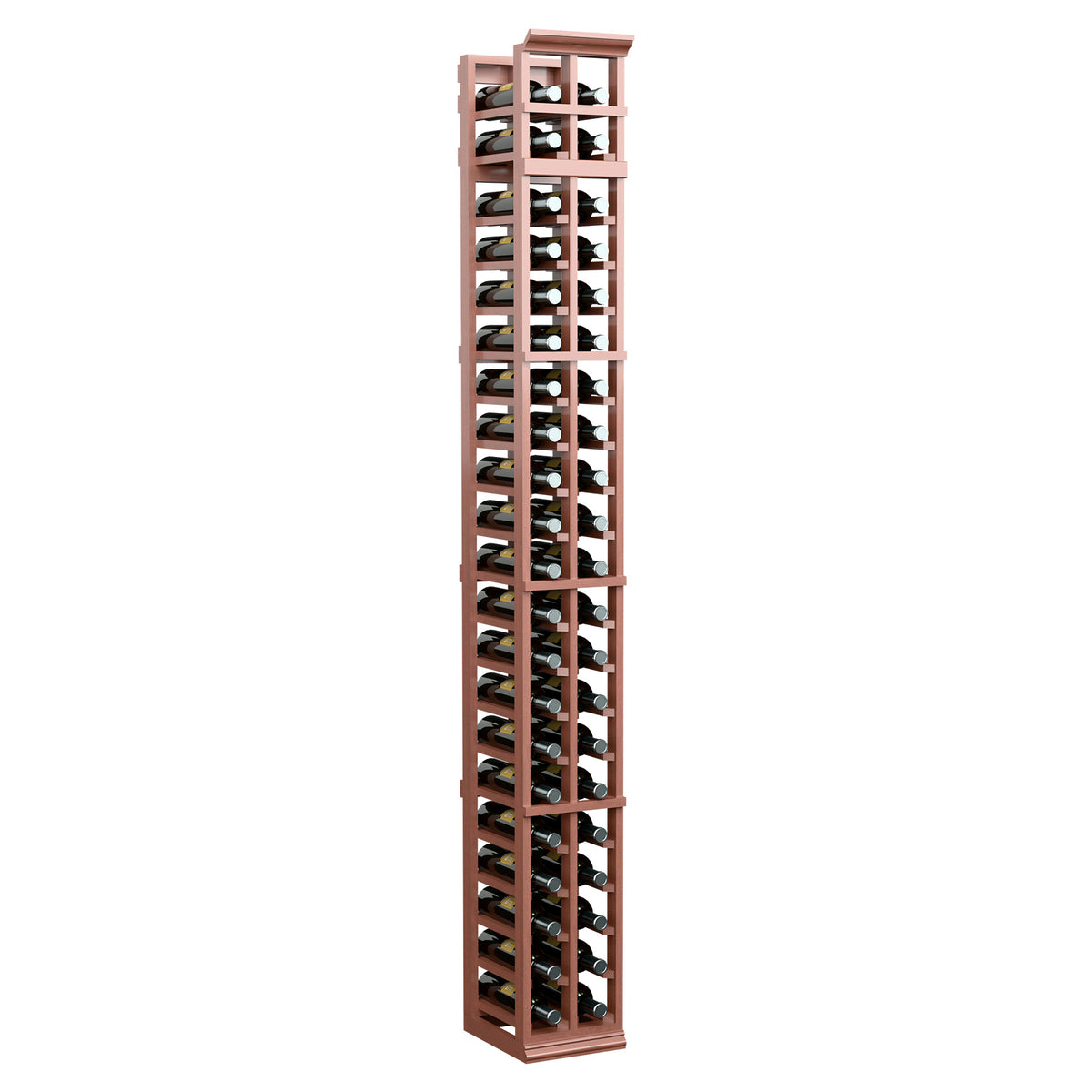 Two-column 7-ft wine rack in medium red-brown with vertical bottle slots and top frame