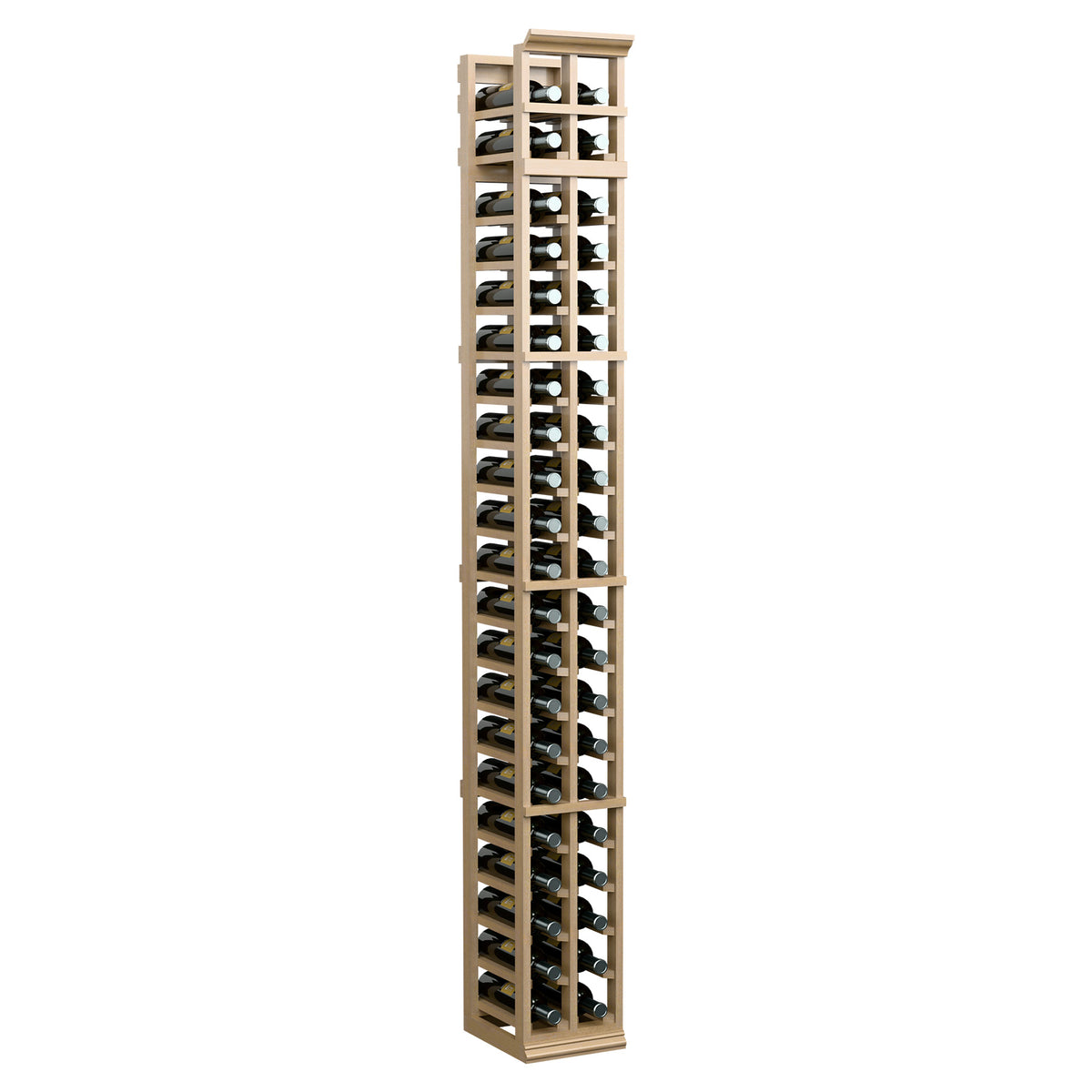 Two-column 7-ft wine rack in pale light wood with vertical bottle slots and top frame