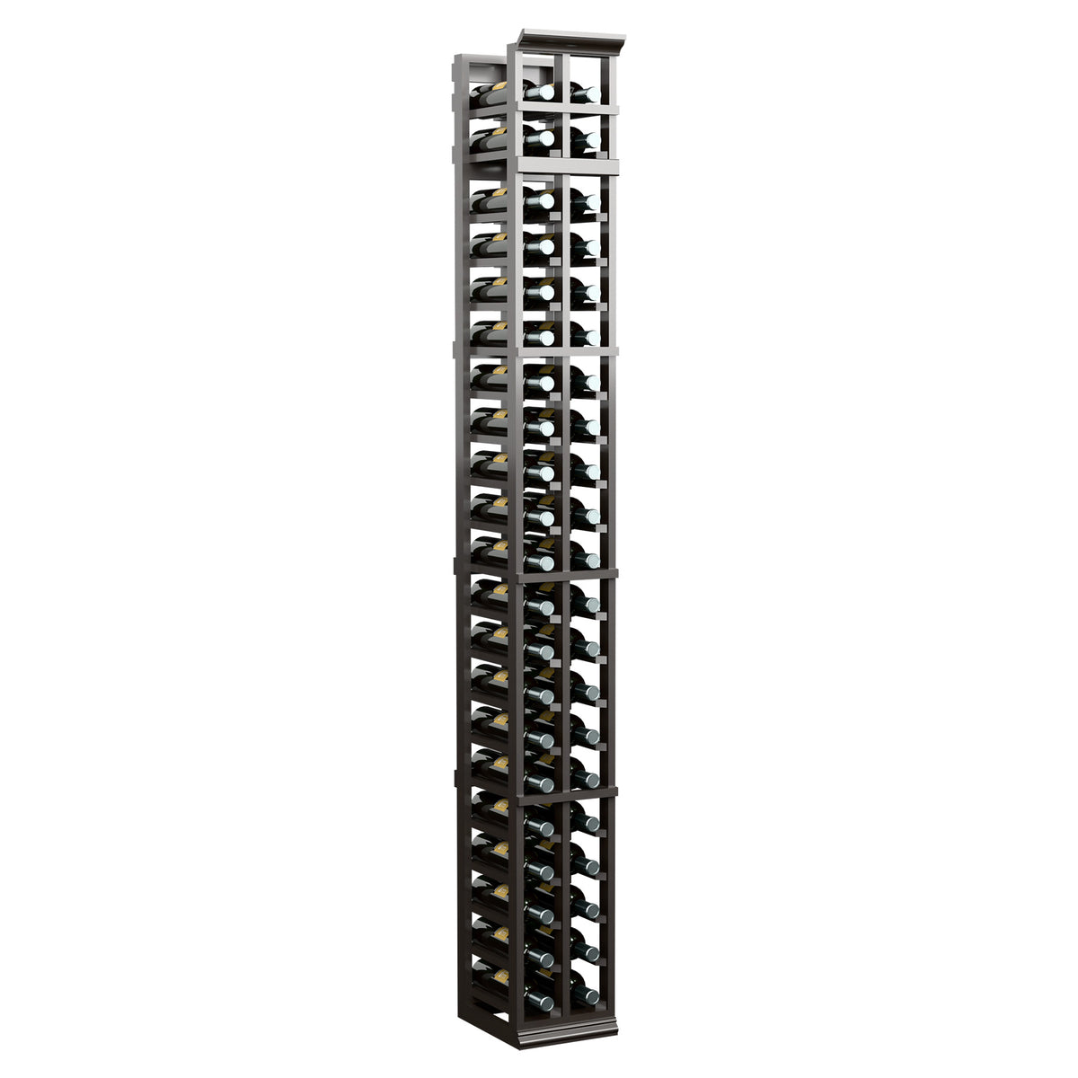 Two-column 7-ft wine rack in dark gray with vertical bottle slots and top frame
