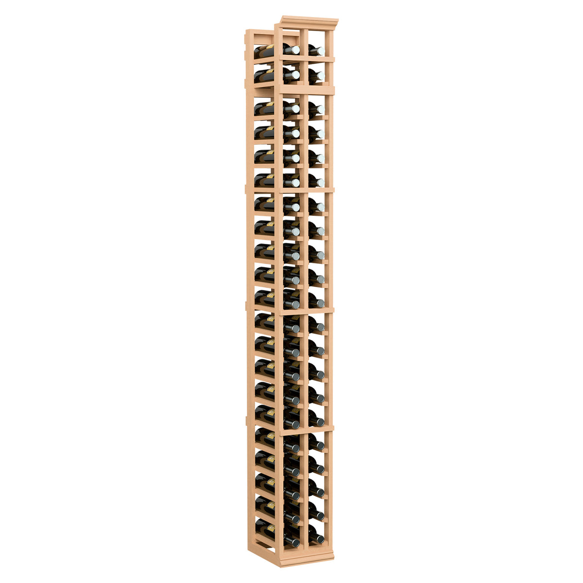7-ft two-column wine bottle rack, natural light wood frame with black bottle slots