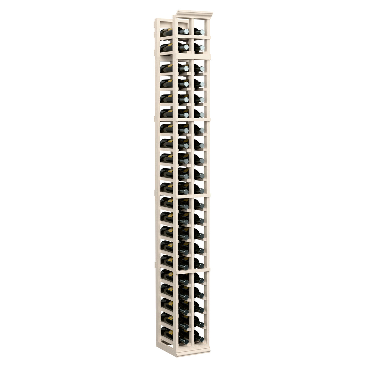 7-ft two-column wine bottle rack, whitewashed light wood frame with black bottle slots