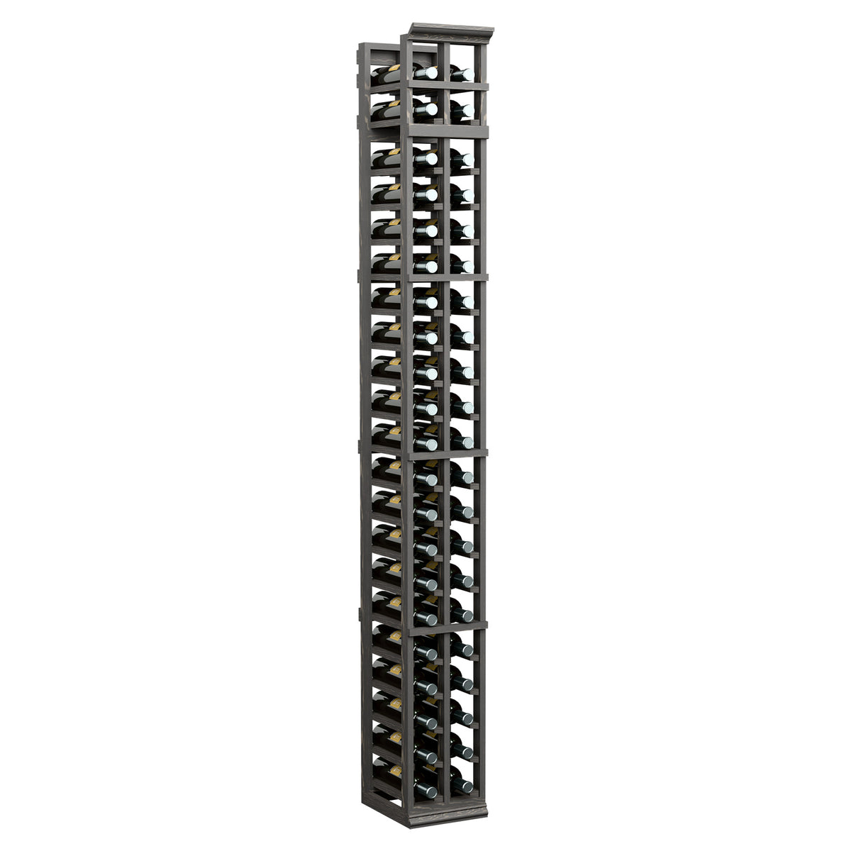 Tall 2-column wine bottle rack with dark frame and bottle slots, front view