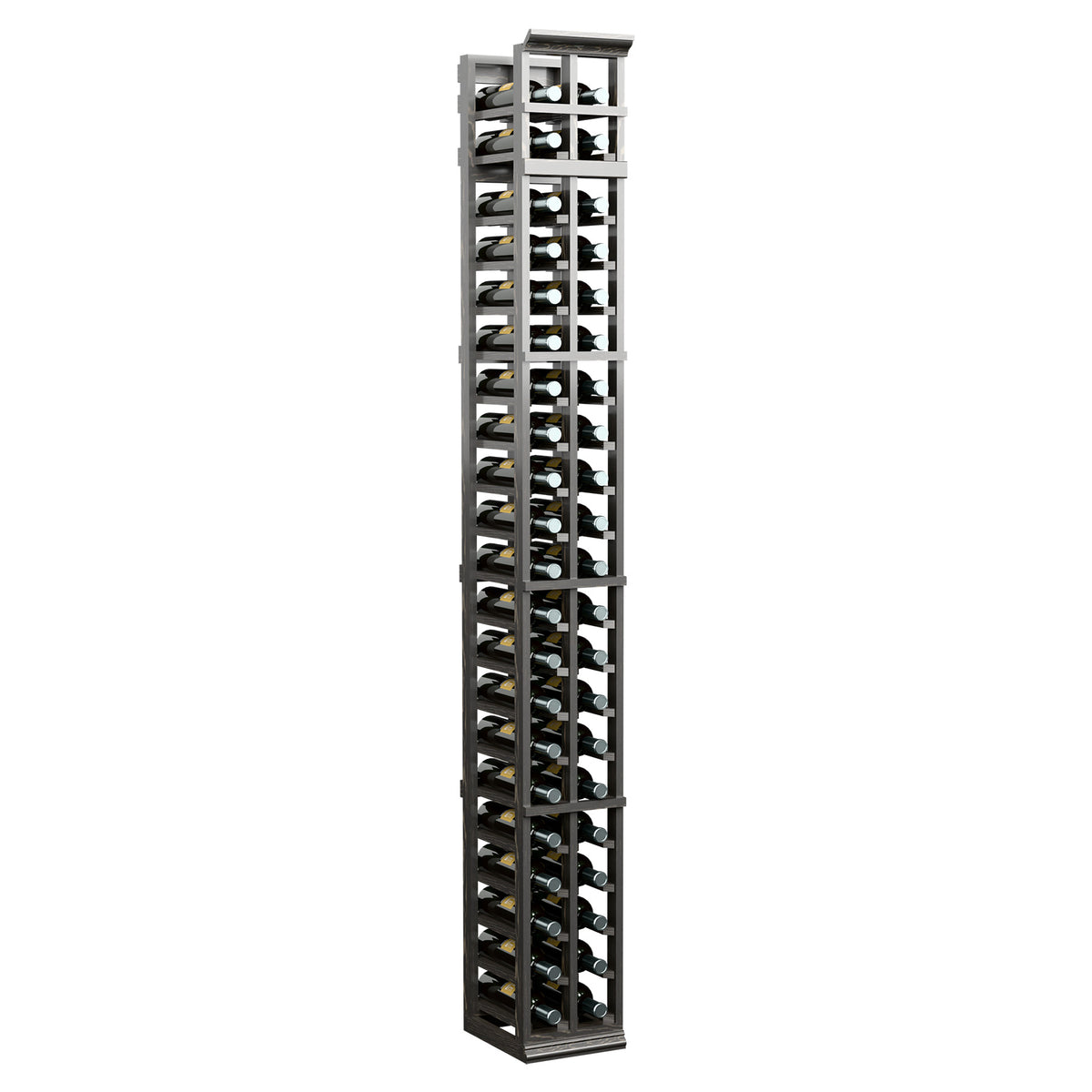 Slim 2-column wine bottle rack with dark finish, front-facing bottle slots