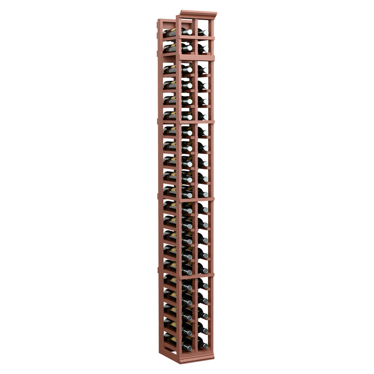 Tall 2-column wine bottle rack with reddish frame and bottle slots, front view