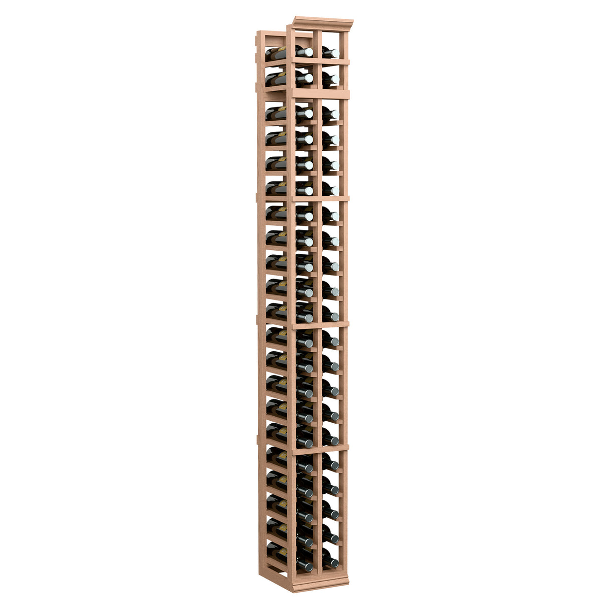 Tall 2-column wine bottle rack with light wood frame and bottle slots, front view