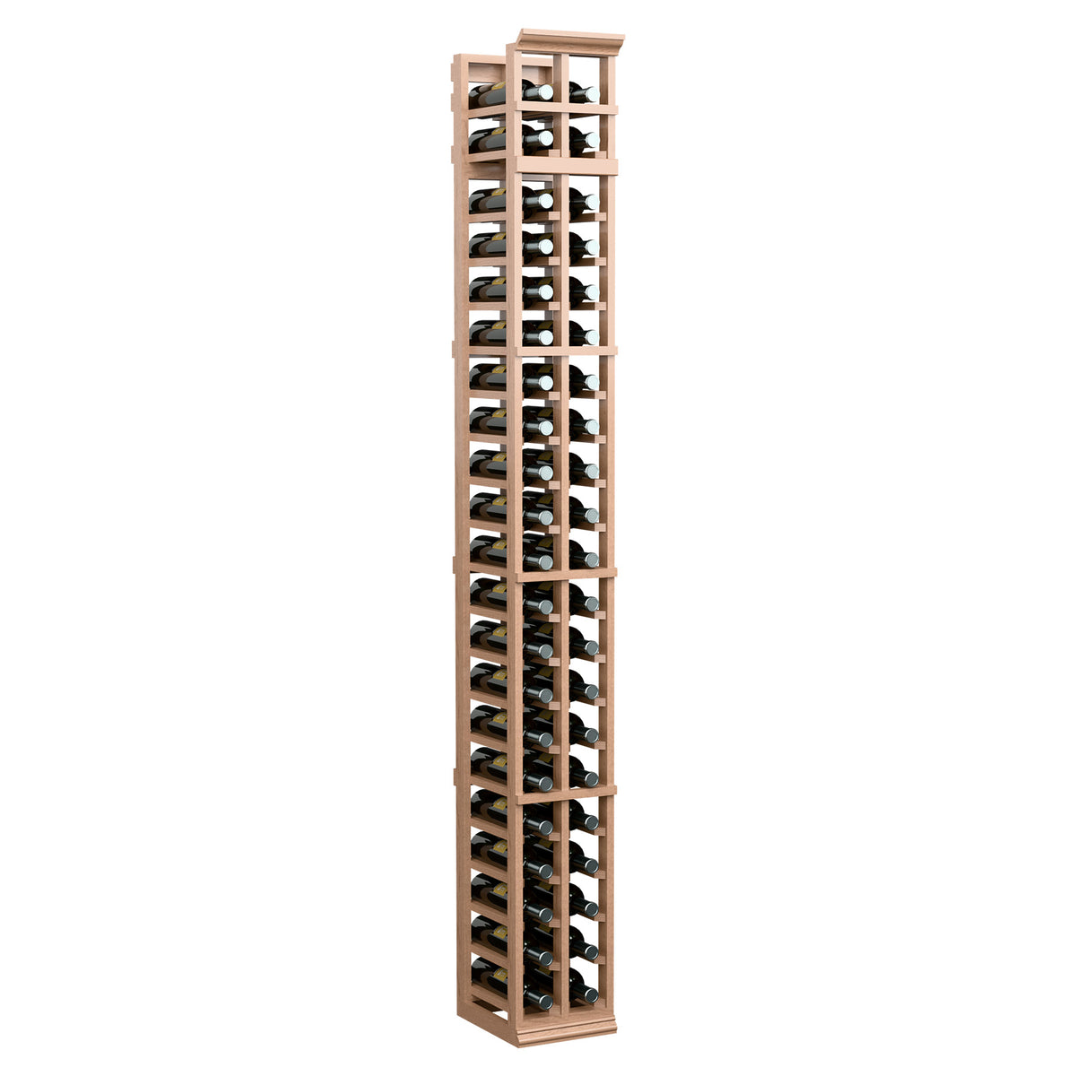Tall 2-column wine bottle rack with pale wood frame, bottle slots shown