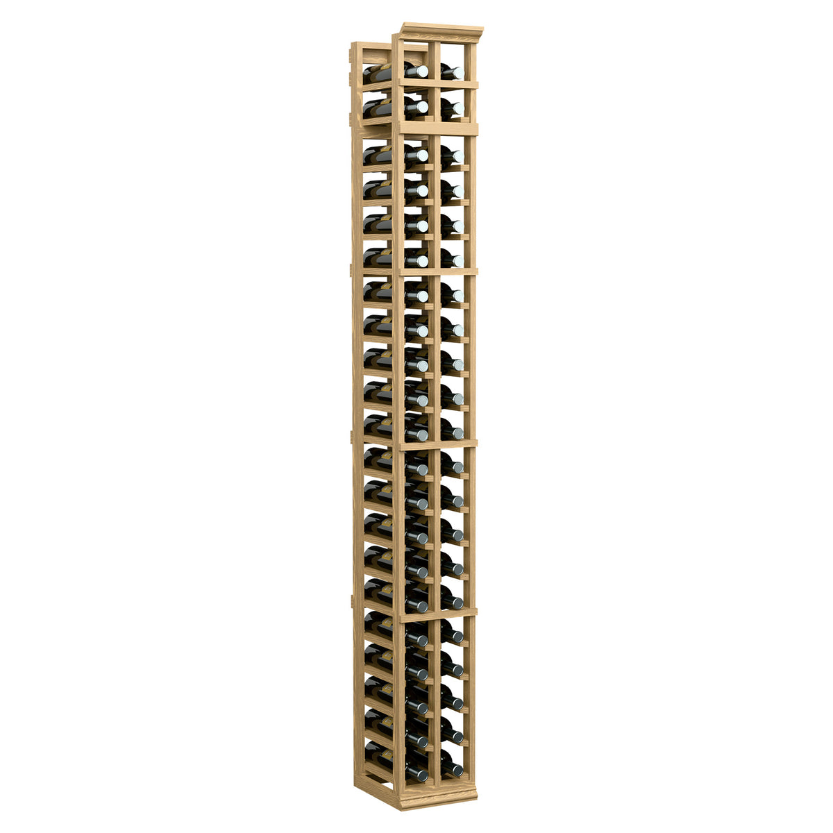 Narrow 2-column wine bottle rack with natural light wood finish, front view