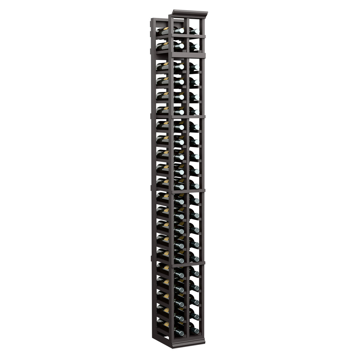 Tall 2-column wine bottle rack with black frame and bottle slots, front view