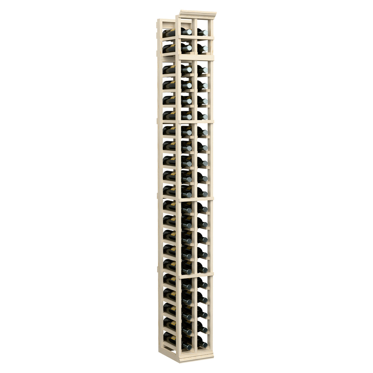 7 ft 2-column wine bottle rack, pale wood frame with stacked bottle openings