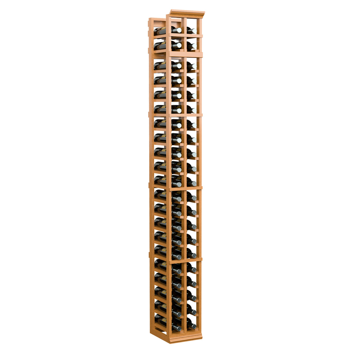 7 ft 2-column wine bottle rack, warm wood finish, stacked bottle openings