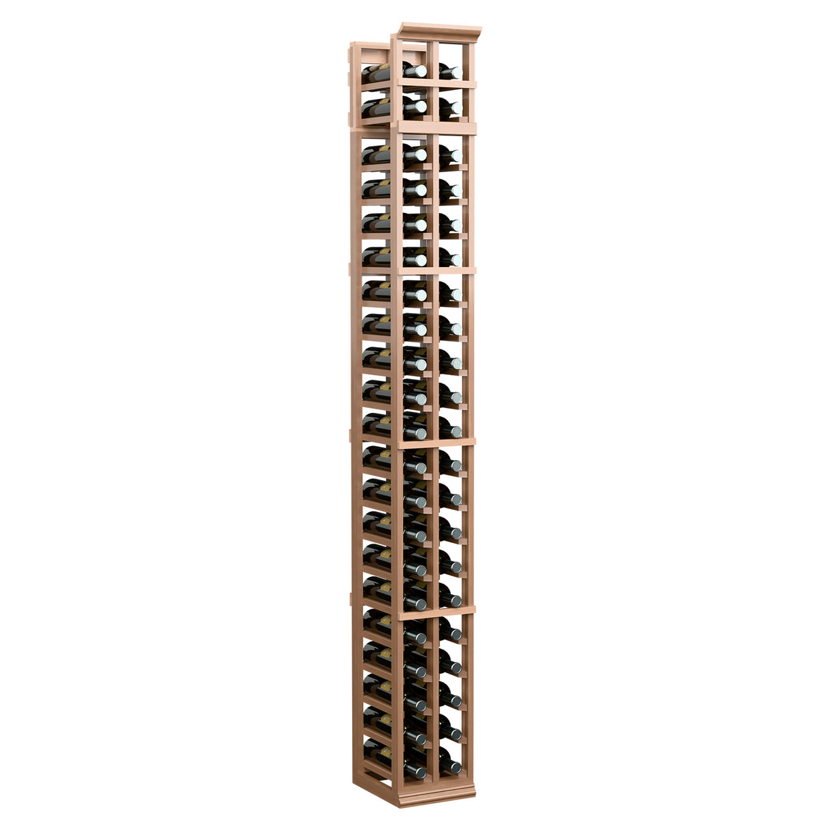 2-column 7ft wine bottle rack with medium wood frame and two rows of bottle slots