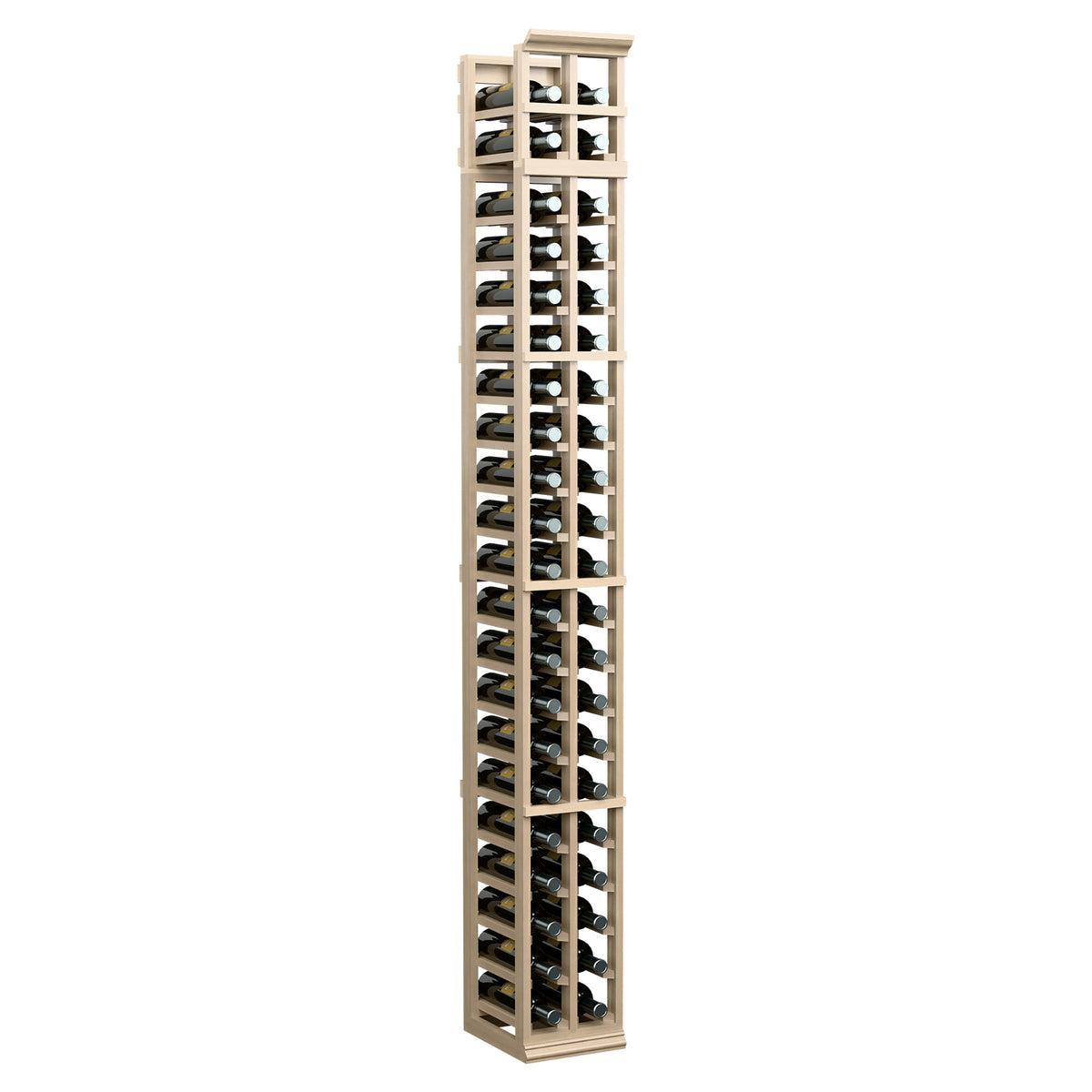 7 ft tall two-column wine bottle rack in light wood with black metal holders