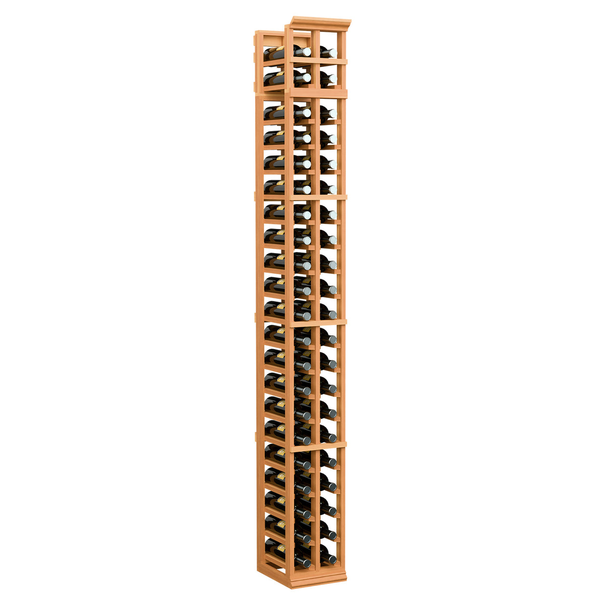 7 ft tall two-column wine bottle rack in warm orange wood with black metal slots