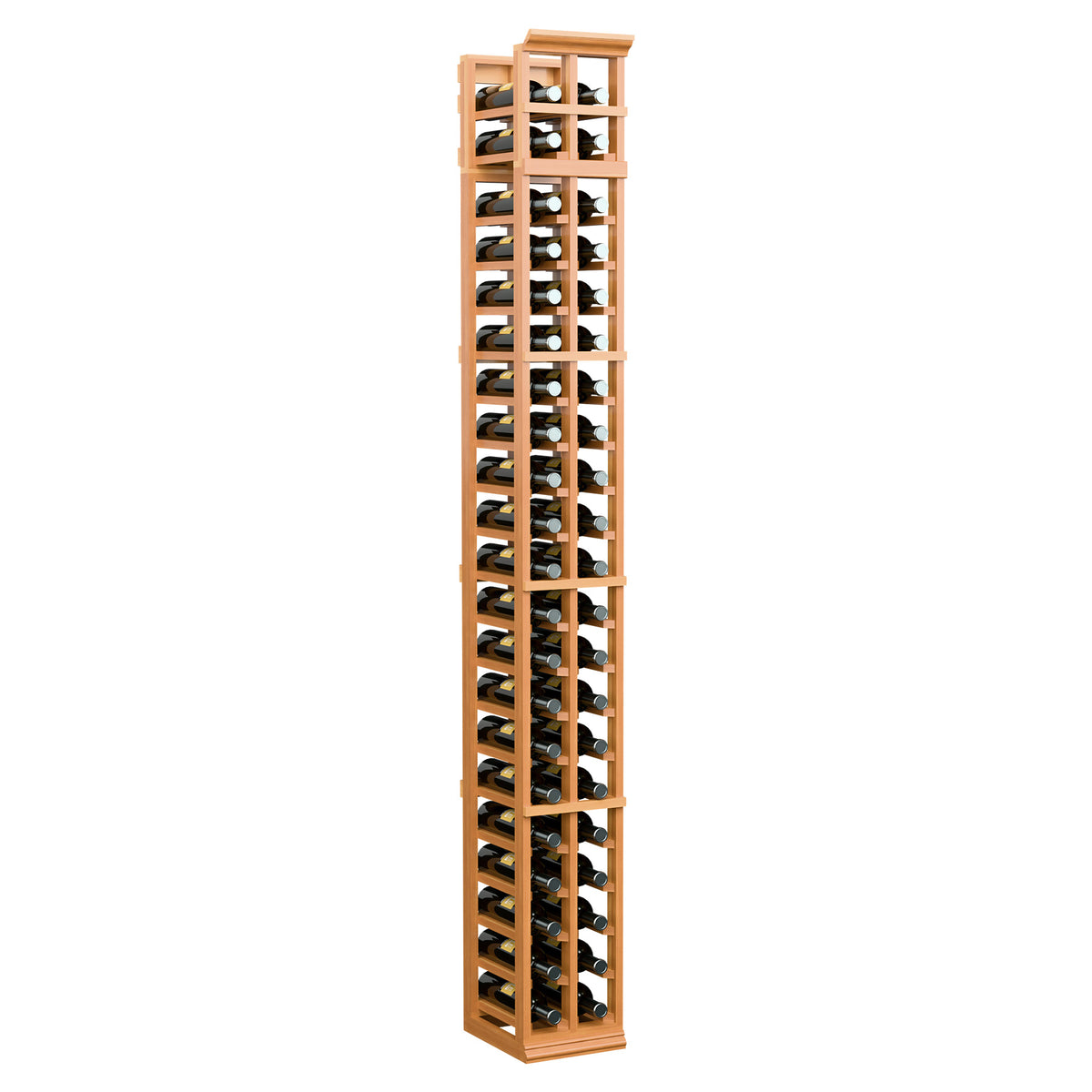 7 ft tall two-column wine bottle rack in warm orange wood with black metal holders