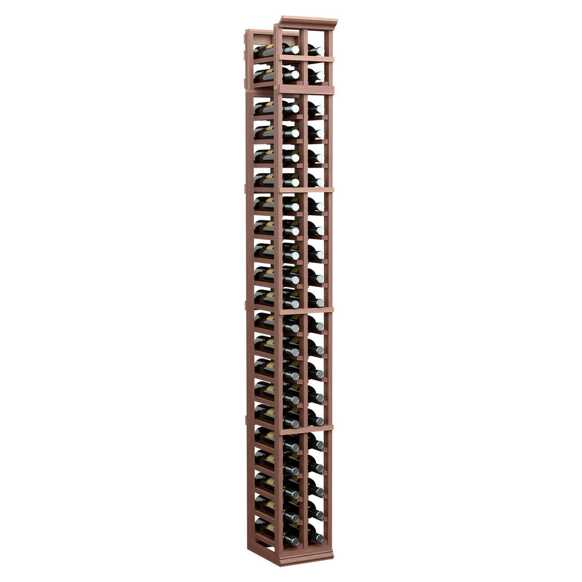 7 ft tall two-column wine bottle rack in dark brown wood with black metal slots