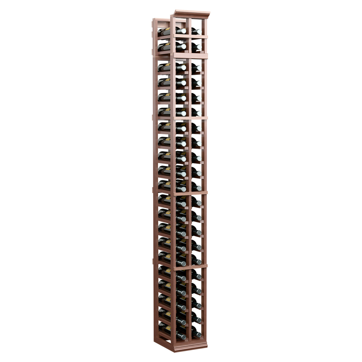 7 ft tall two-column wine bottle rack in dark brown wood with black metal holders