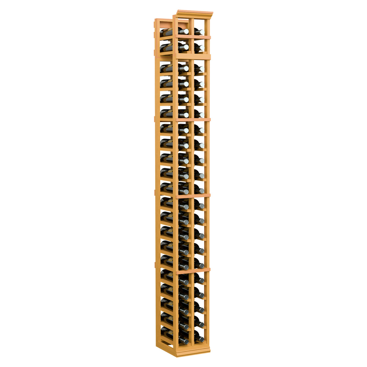 7 ft tall two-column wine bottle rack in golden wood with black metal slots