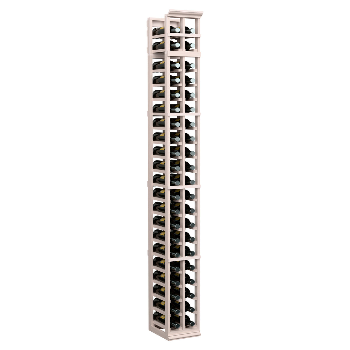 7 ft tall two-column wine bottle rack in light gray wood with black metal slots
