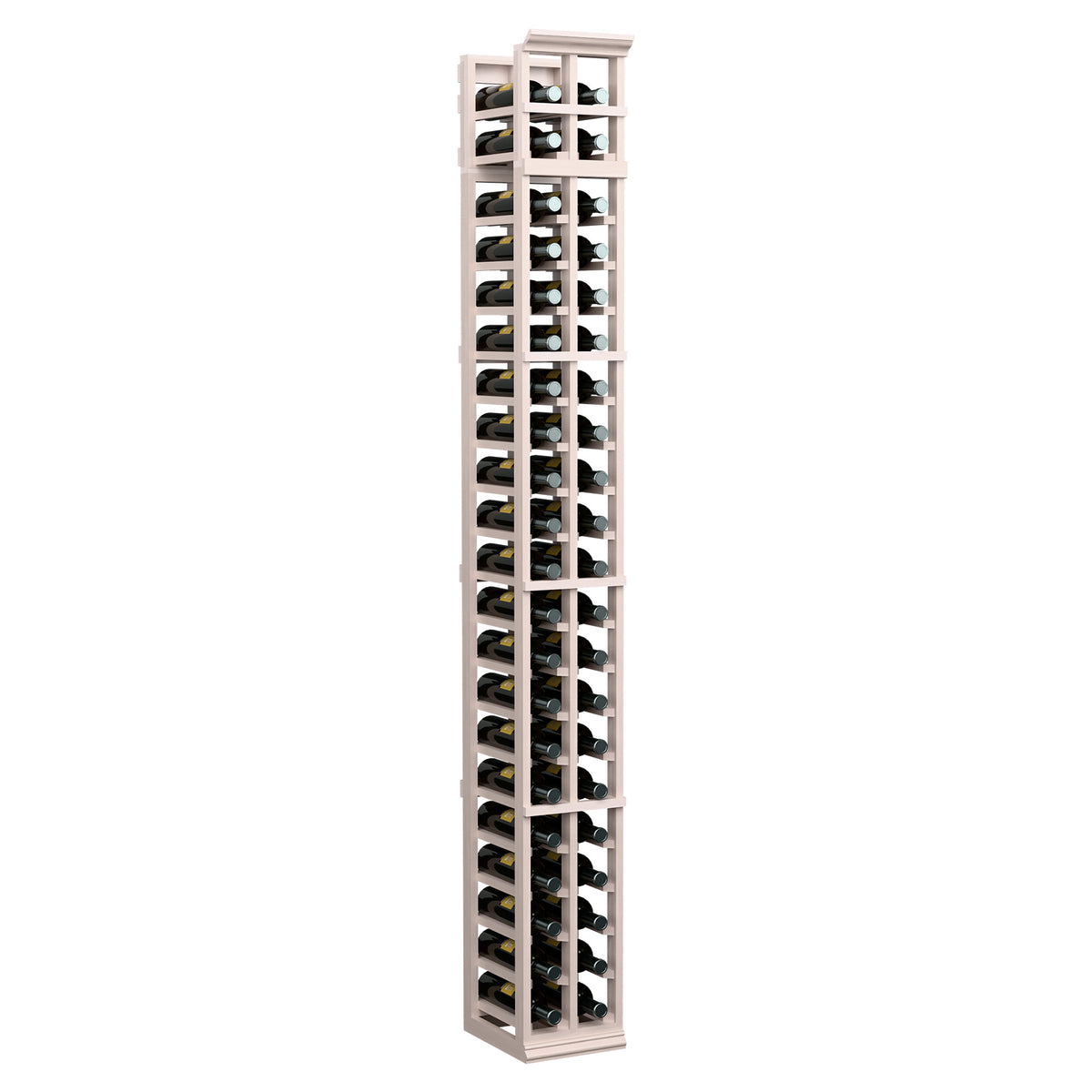 7 ft tall two-column wine bottle rack in light gray wood with black metal holders