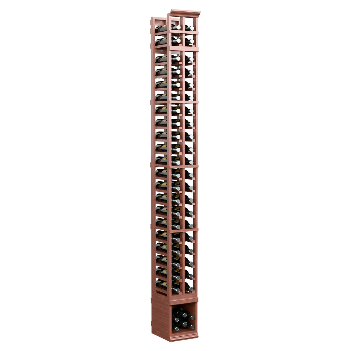 2-column 8ft wood wine bottle rack, cherry-brown finish, tall open bottle slots