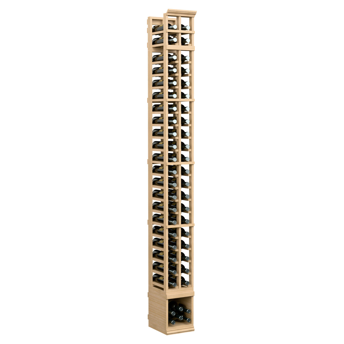 2-column 8ft wood wine bottle rack, pale natural finish, open cubbies for bottles