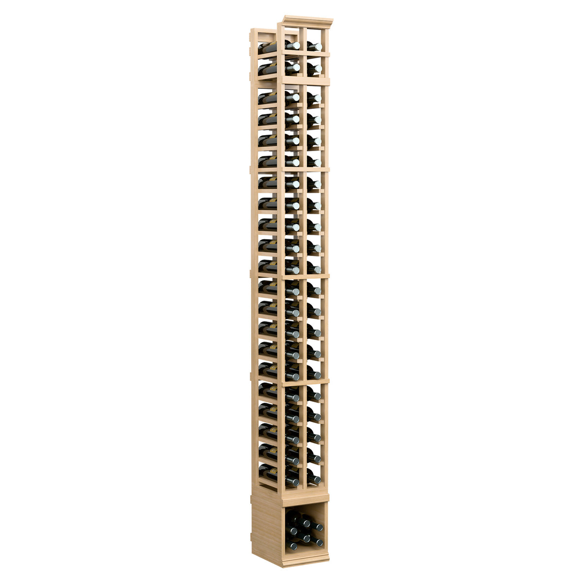 2-column 8ft wood wine bottle rack, natural light finish, open bottle cubbies