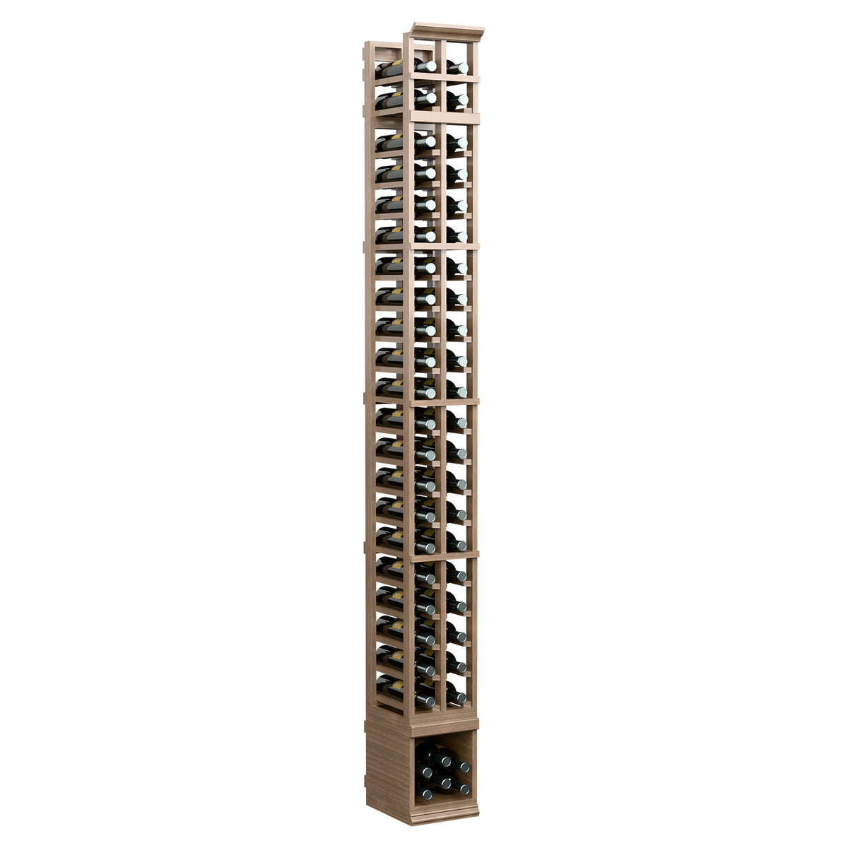 Two-column 8-ft wooden wine bottle rack, light natural finish with front bottle row