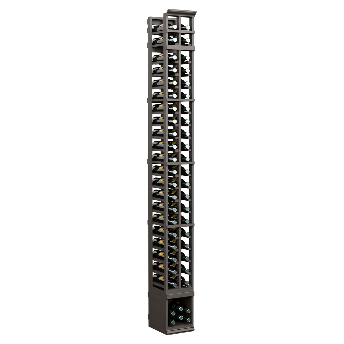 Two-column 8-ft wooden wine bottle rack, dark finish with open bottle slots