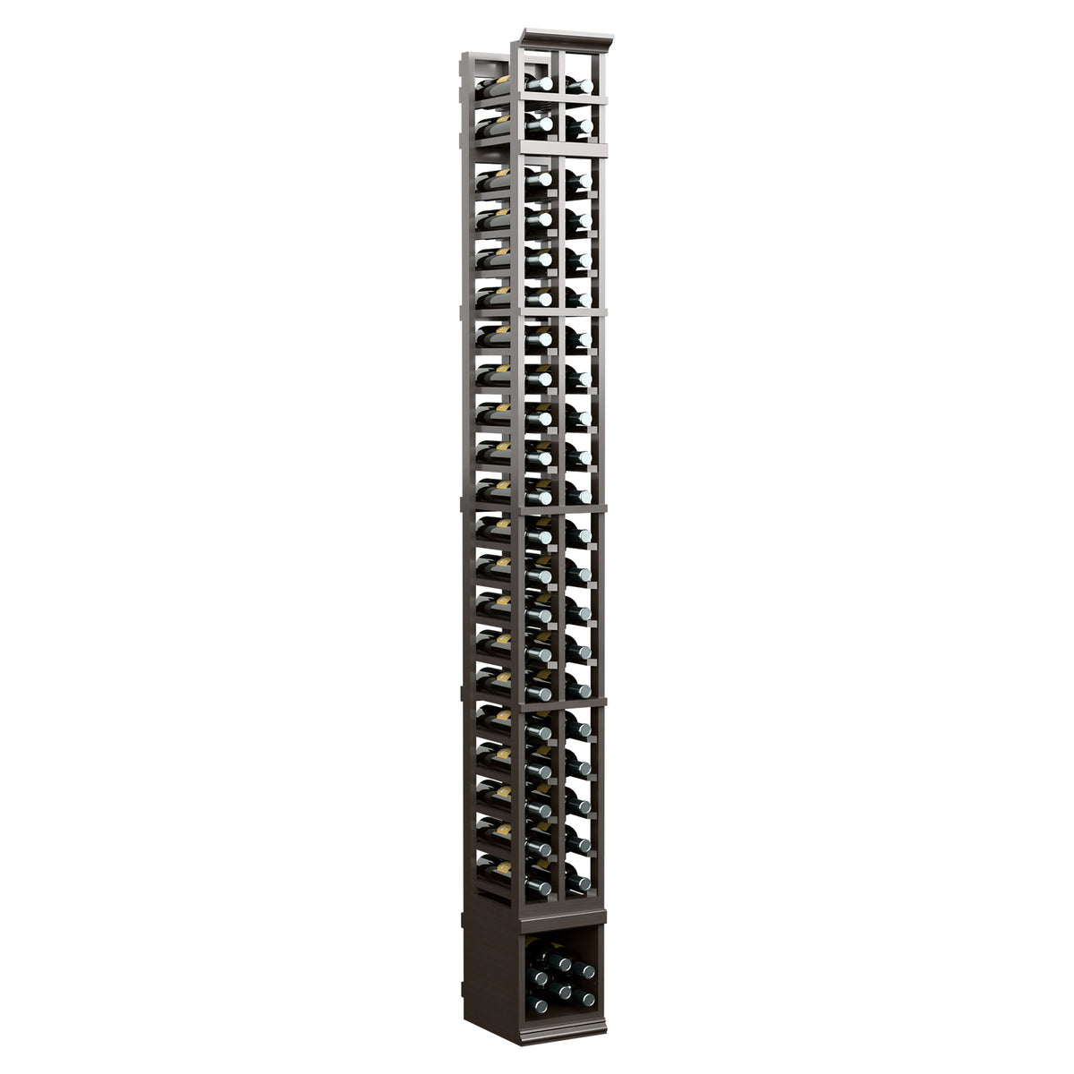 Two-column 8-ft wooden wine bottle rack, dark espresso-like finish with bottle openings