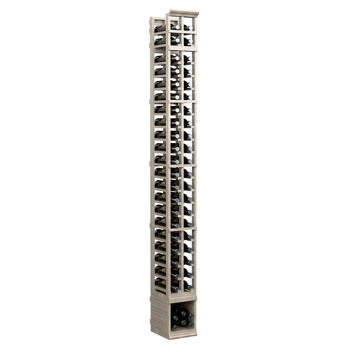 Two-column 8-ft wooden wine bottle rack, light natural finish with stacked bottle spaces
