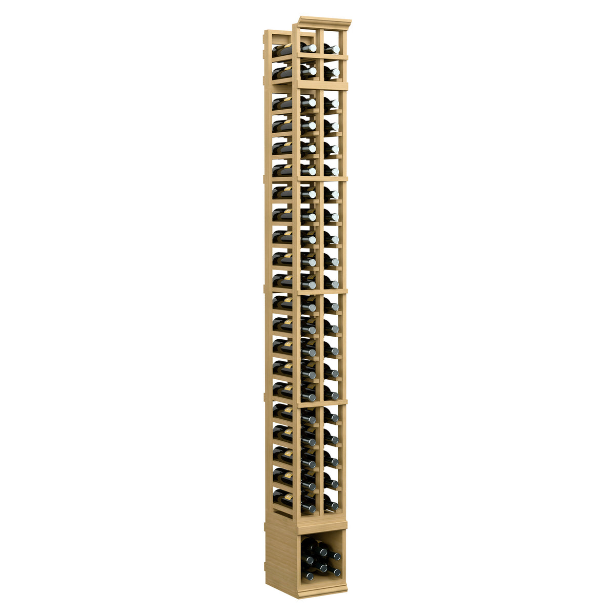Two-column 8-ft wooden wine bottle rack, warm light brown finish with open bottle slots