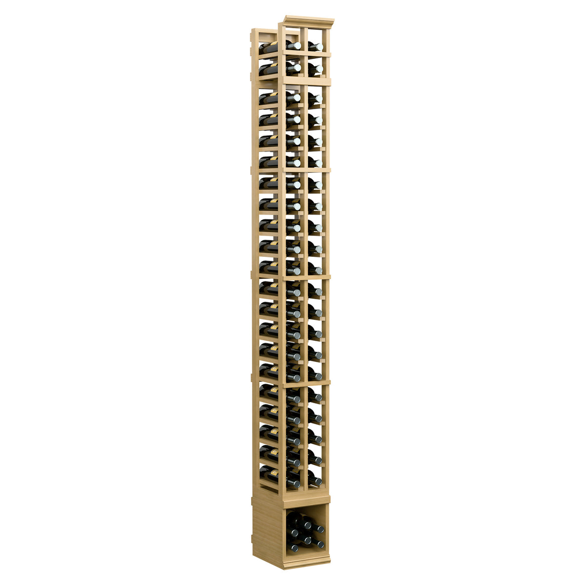 2-column 8ft wood wine bottle rack, natural light finish, open cubbies for bottles