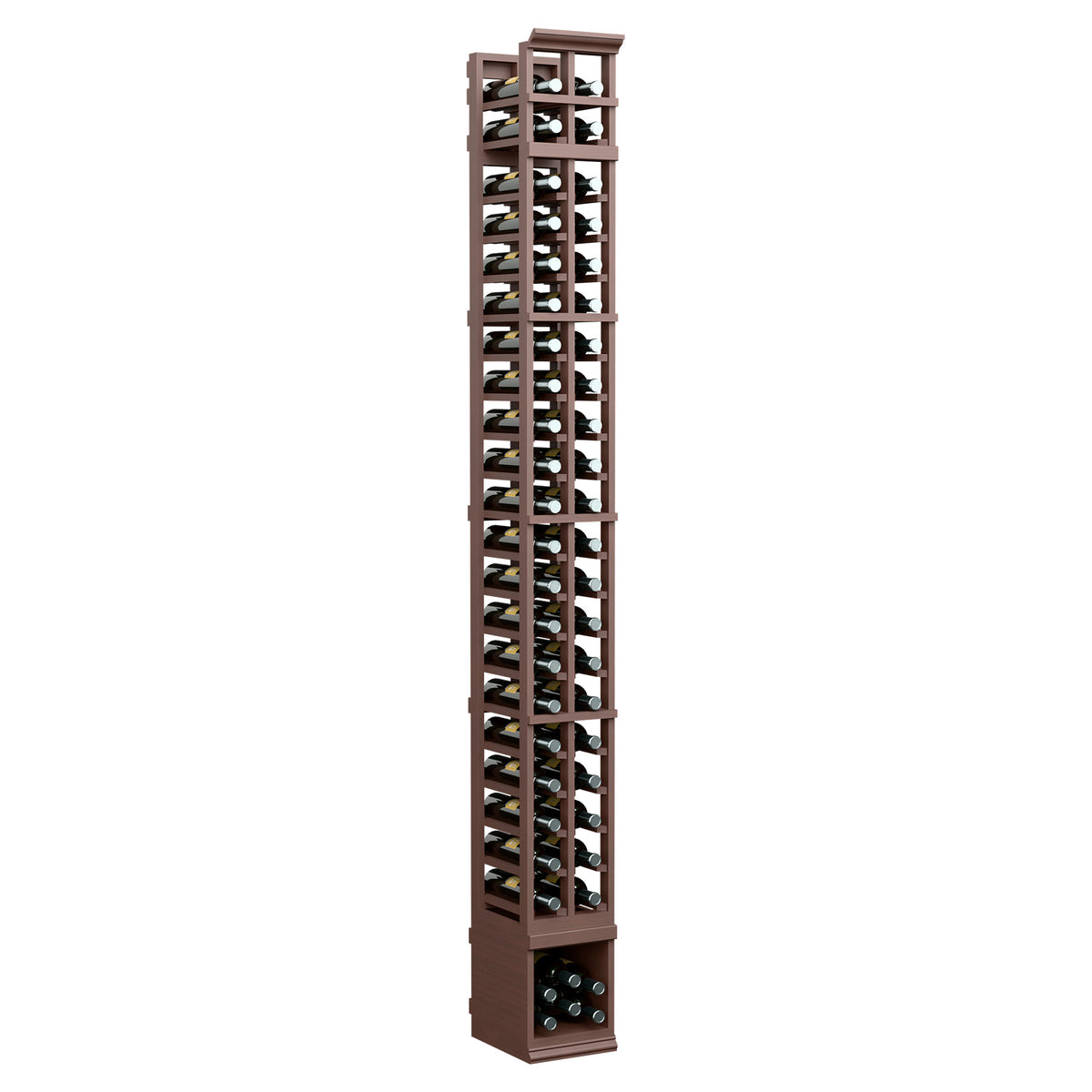 2-column 8ft wood wine bottle rack, walnut-brown finish, open bottle slots