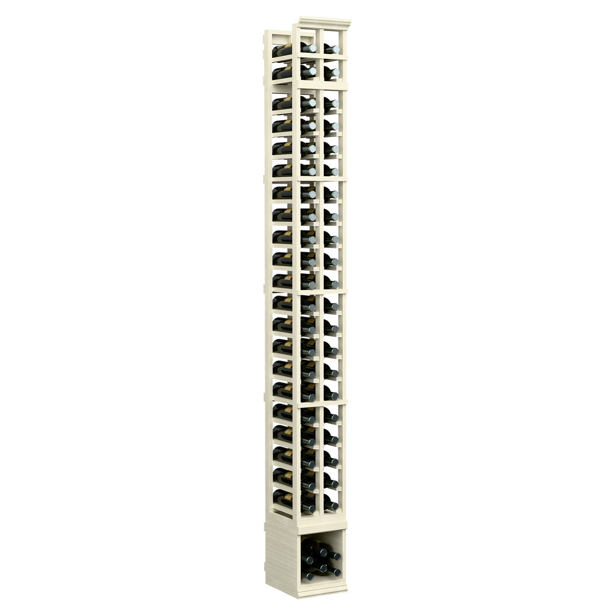 Two-column 8-ft wooden wine bottle rack, whitewashed finish with open bottle slots