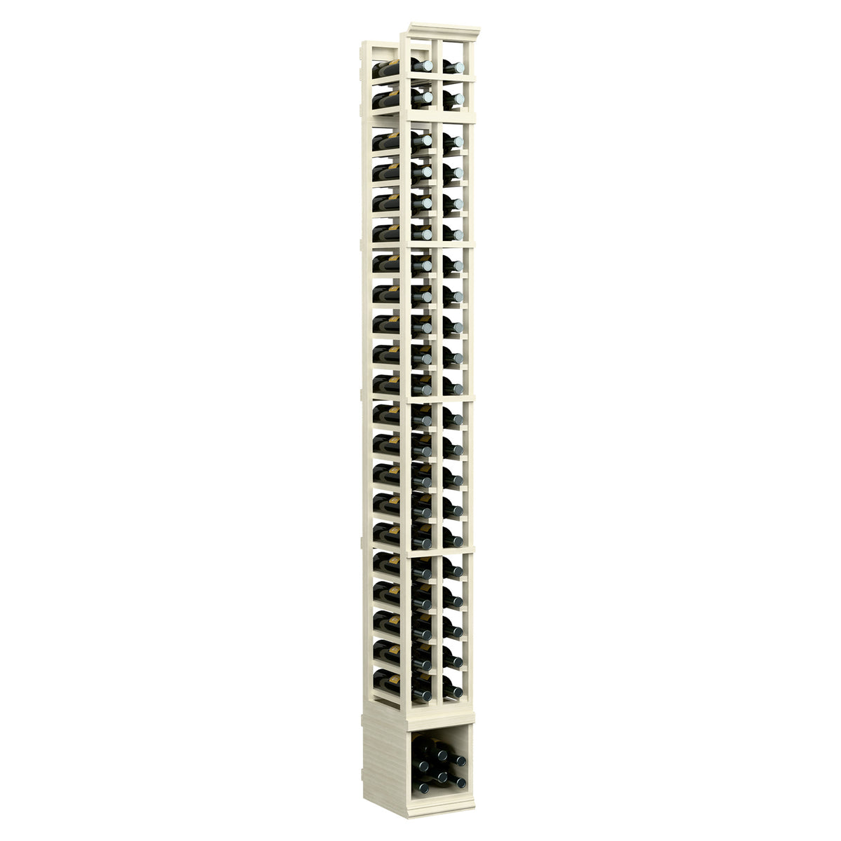 Two-column 8-ft wooden wine bottle rack, whitewashed light finish with bottle holders