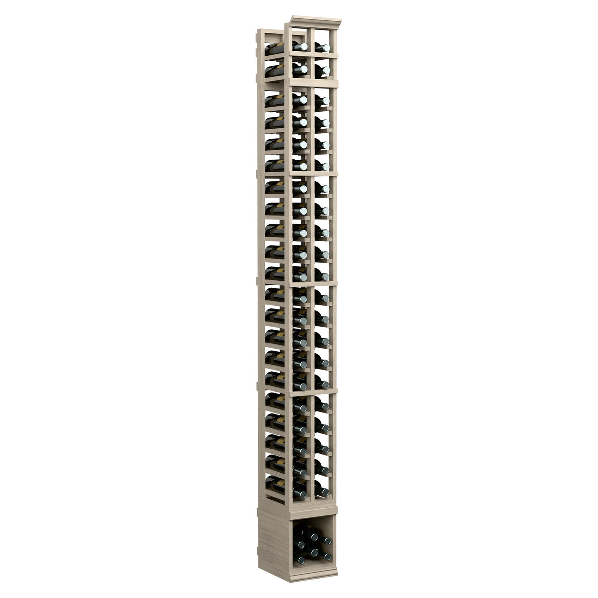 Two-column wine bottle storage rack, light stained wood, front view with open slots