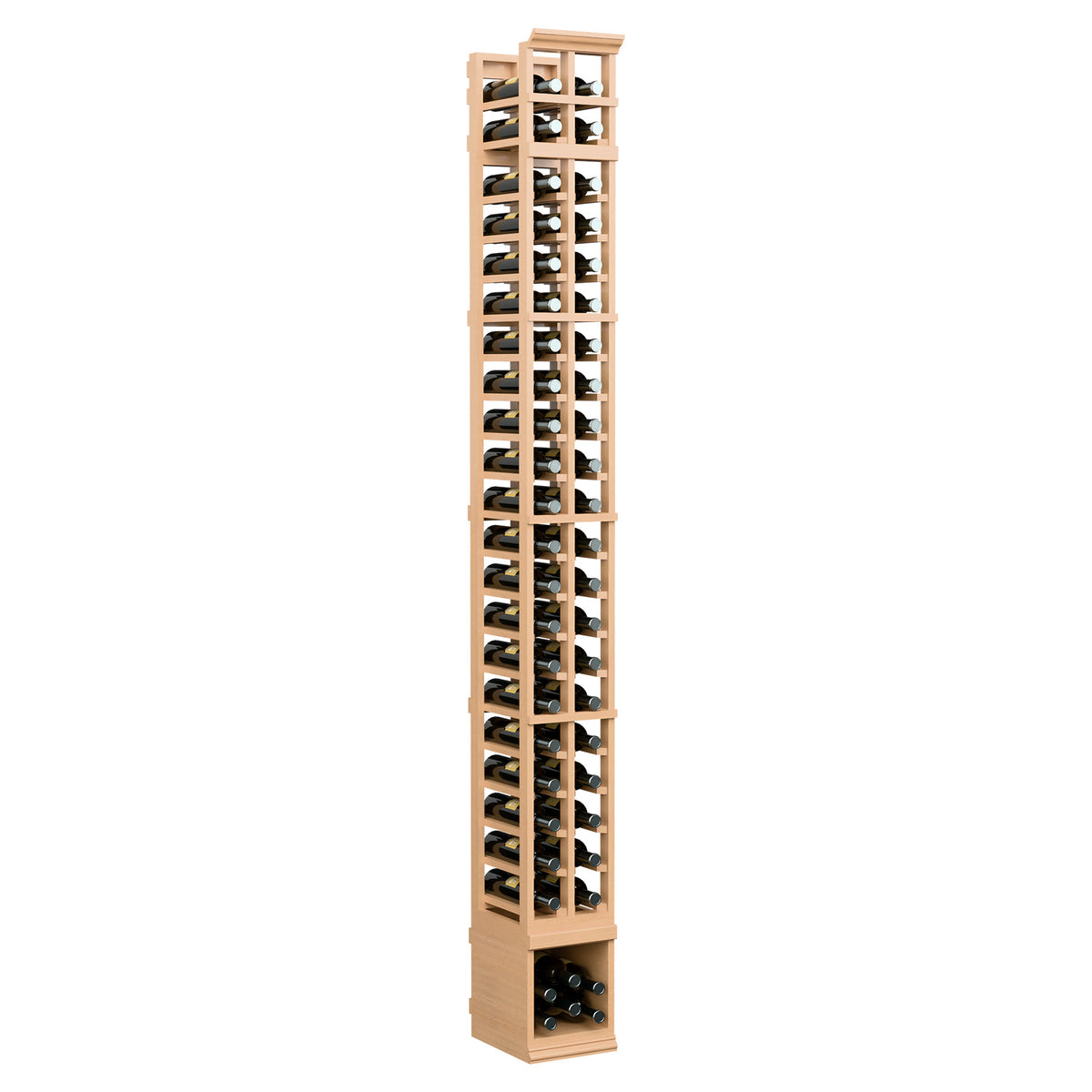Two-column wine bottle storage rack, warm light wood, front view with two bottle channels